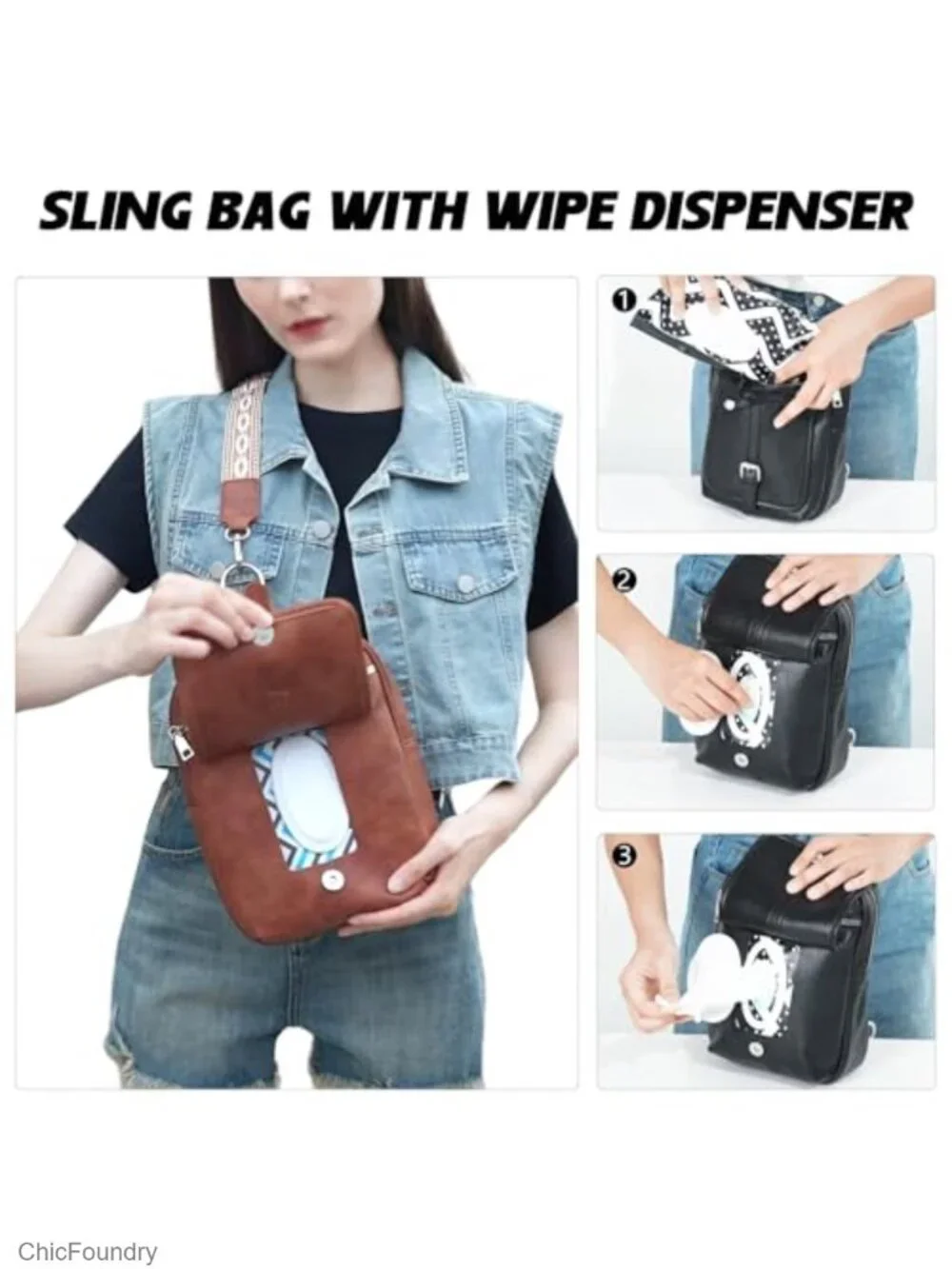 Small Diaper Bag Crossbody Sling Purse - 2 in 1 Leather Backpack with Wipes